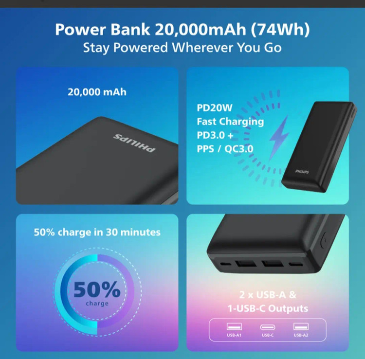 پاوربانک 20000 فیلیپس / شارژر همراه w20000/ پاور بانک اصلی با ضمانت 18 ماهه