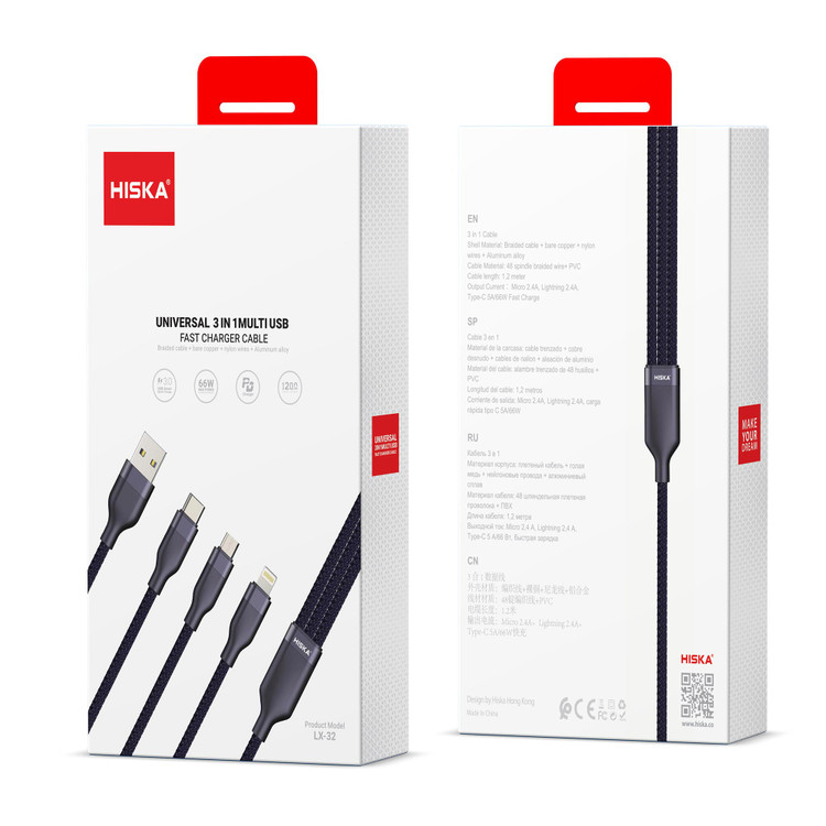 کابل تبدیل USB به لایتنینگ / USB-C / MICRO USB هیسکا مدل LX-32 طول 1.2 متر اصلی