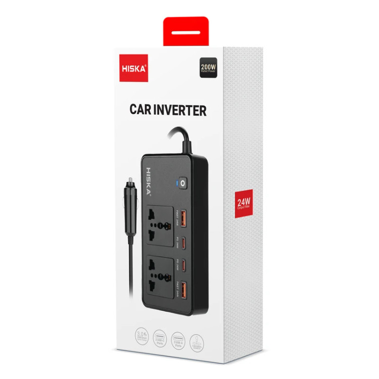 اینورتر خودرو فندکی هیسکا مدل CH-5519 | مبدل برق 200 وات با 2 پریز AC، 2 USB-C PD و 2 .USB QC 3.