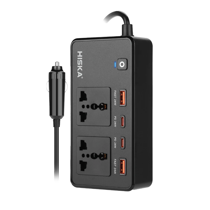 اینورتر خودرو فندکی هیسکا مدل CH-5519 | مبدل برق 200 وات با 2 پریز AC، 2 USB-C PD و 2 .USB QC 3.