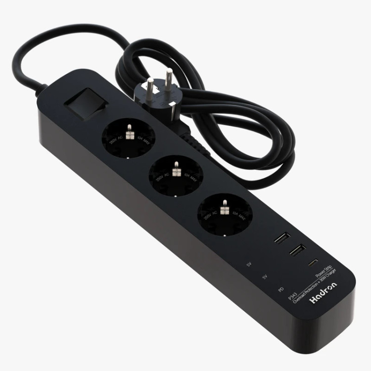 چند راهی برق هادرون P343 با شارژ سریع 30 وات 3 - Gan پریز ارت دار- USB 2 - USB C PD