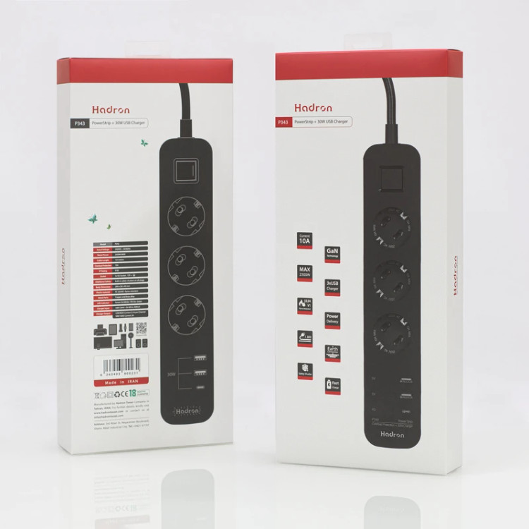 چند راهی برق هادرون P343 با شارژ سریع 30 وات 3 - Gan پریز ارت دار- USB 2 - USB C PD