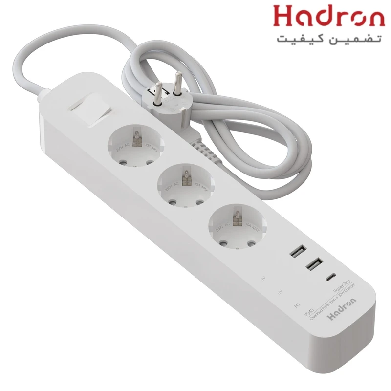 چند راهی برق هادرون P343 با شارژ سریع 30 وات 3 - Gan پریز ارت دار- USB 2 - USB C PD
