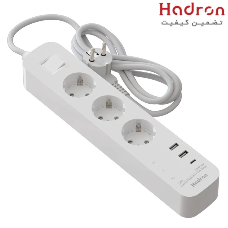 چند راهی برق هادرون P343 با شارژ سریع 30 وات 3 - Gan پریز ارت دار- USB 2 - USB C PD