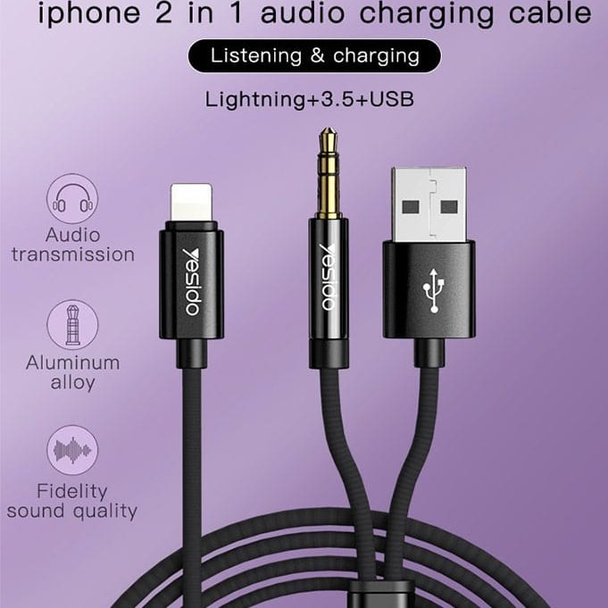 کابل تبدیل USB/جک 3.5 میلی متری به لایتنینگ یسیدو مدل YAU18 طول 1.2 متر