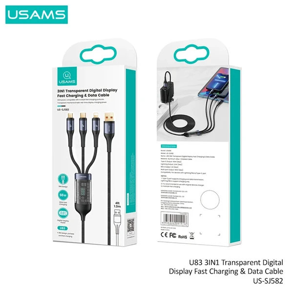 کابل تبدیل USB به microUSB/USB-C /لایتنینگ یوسمز مدل US-SJ582 طول 1.2 متر