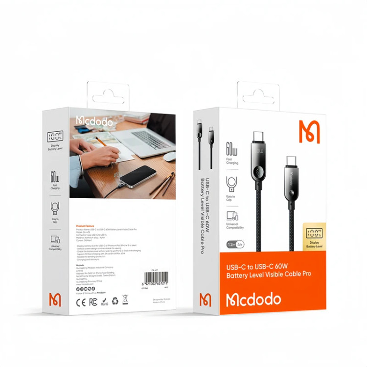 کابل شارژ تایپ C به تایپ C مک دودو CA-748 60 وات با نمایشگر دیجیتال شارژ