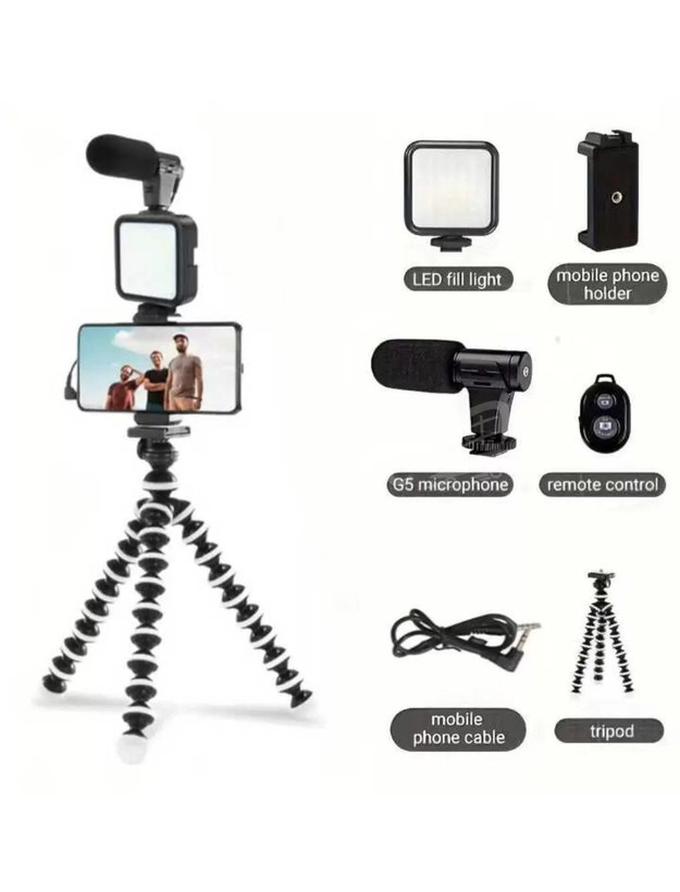 کیت تولید محتوا مدل AY-49Z به همراه نور LED میکروفون و سه پایه منعطف و هولدر موبایل