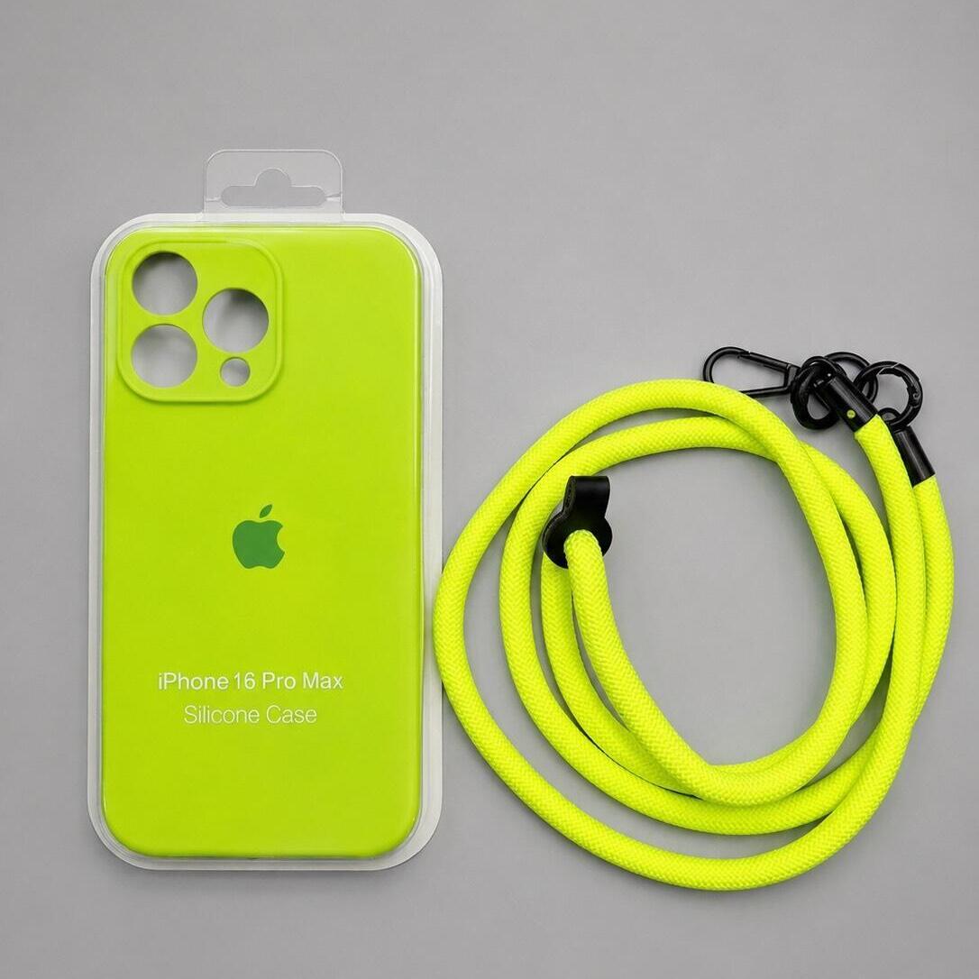 قاب سیلیکونی گوشی اپل آیفون 16 پرومکس iphone 16 pro max مدل محافظ دار لنز و بند گردنی سبز فسفری