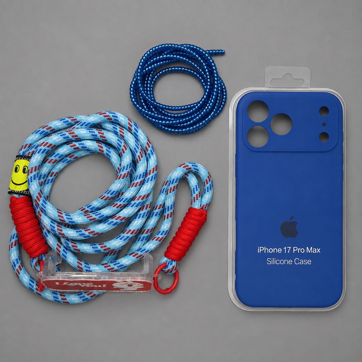 قاب سیلیکونی گوشی اپل آیفون 17 پرومکس iphone 17 pro max مدل محافظ دار لنز رنگ آبی کاربنی و بند گردنی و محافظ شارژر آبی