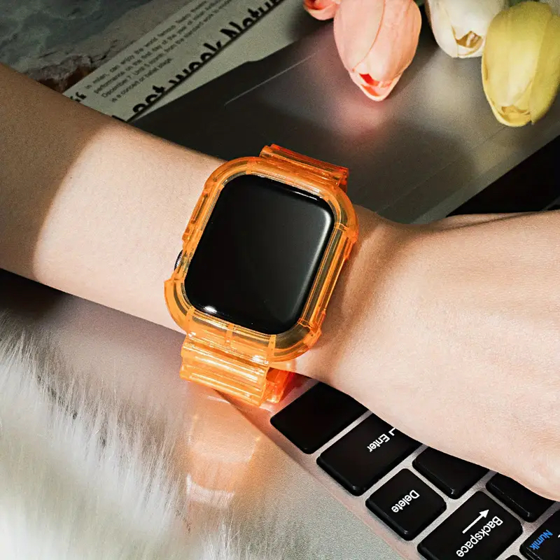 کاور و بند اپل اپل واچ به سایز های 42/44/45 apple watch نارنجی شفاف مدل جیشاک