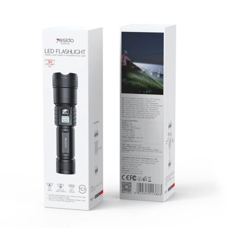 چراغ قوه شارژی yesido tc11 زوم دار led با نمایشگر دیجیتال و باتری 1200