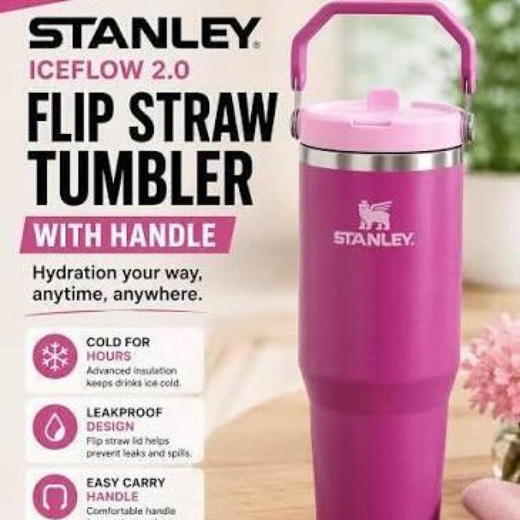 تراول ماگ و قمقمه سفری و ورزشی استنلی مدل STANLEY flip straw tumbler صورتی