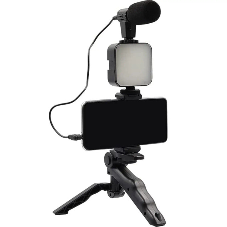 کیت تولید محتوا مدل به همراه نور LED میکروفون و سه پایه و هولدر موبایل