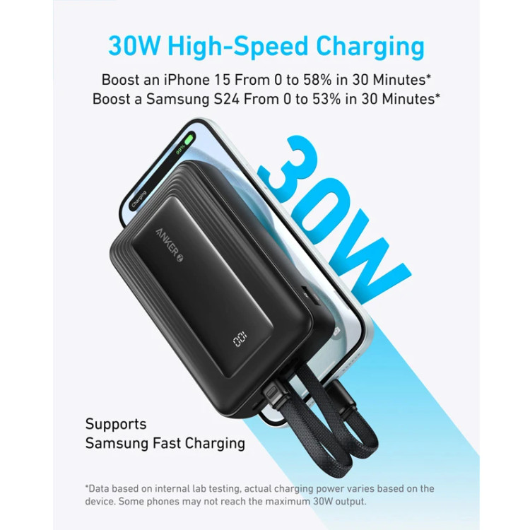 پاوربانک انکر مدل A1681 ظرفیت 20000 میلی آمپر ساعت به همراه کابل لایتنیگ و کابل USB Type-C مشکی