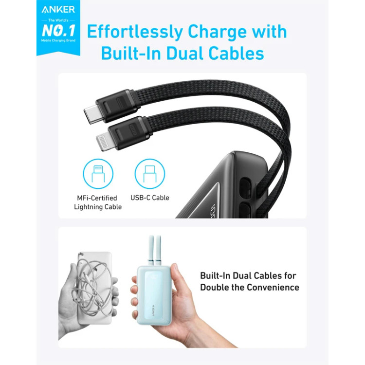 پاوربانک انکر مدل A1681 ظرفیت 20000 میلی آمپر ساعت به همراه کابل لایتنیگ و کابل USB Type-C مشکی