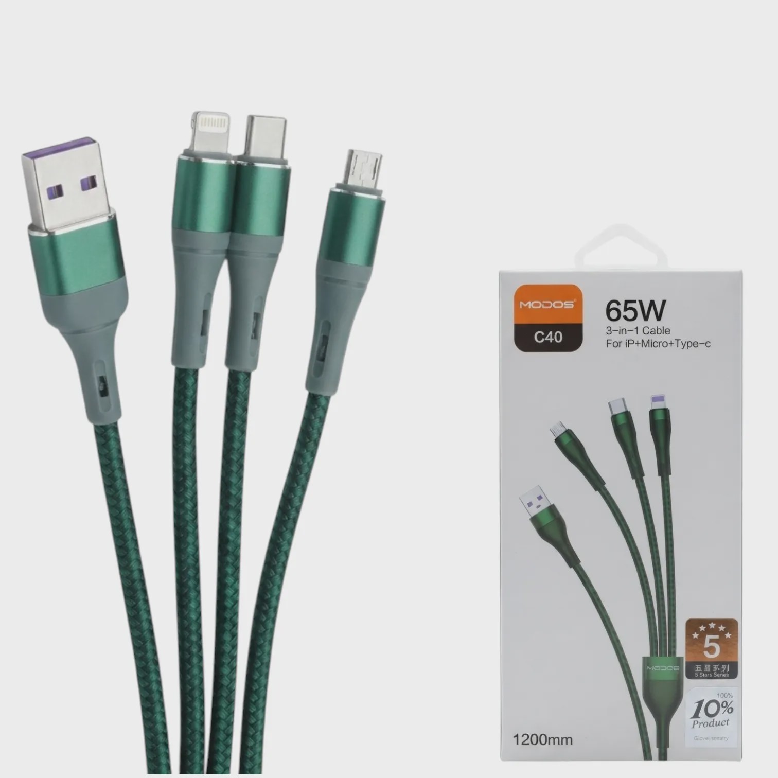 کابل شارژ 65 وات سه کاره مودوس کنفی c40 طول 120 سانتی متری سه کانکتور: Micro USB، Type-C، Lightning