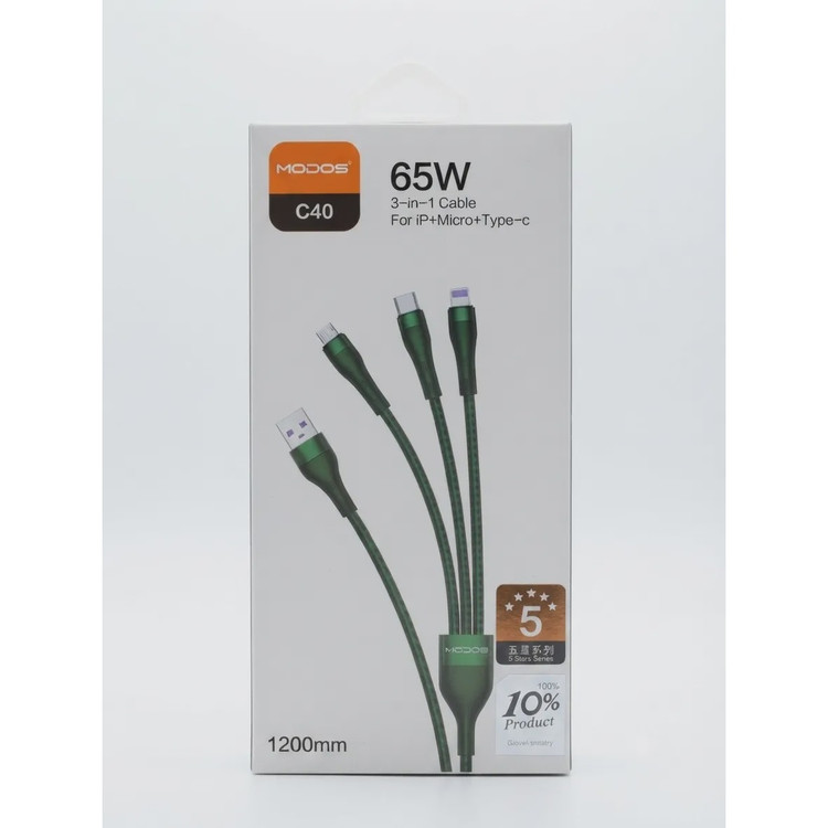 کابل شارژ 65 وات سه کاره مودوس کنفی c40 طول 120 سانتی متری سه کانکتور: Micro USB، Type-C، Lightning